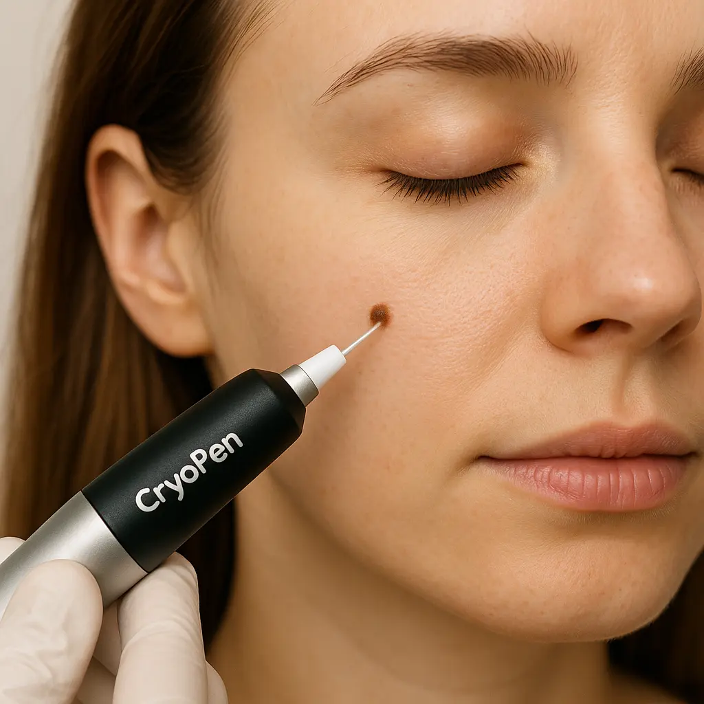 woman receiving facial mole removal Lewes using cryopen 
