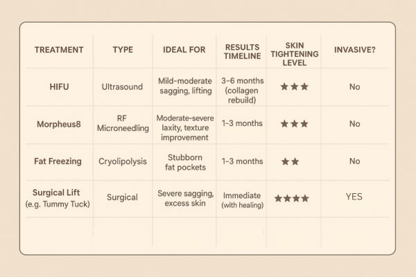 Table showing the comparisons of Skin tightening Lewes treatment options.